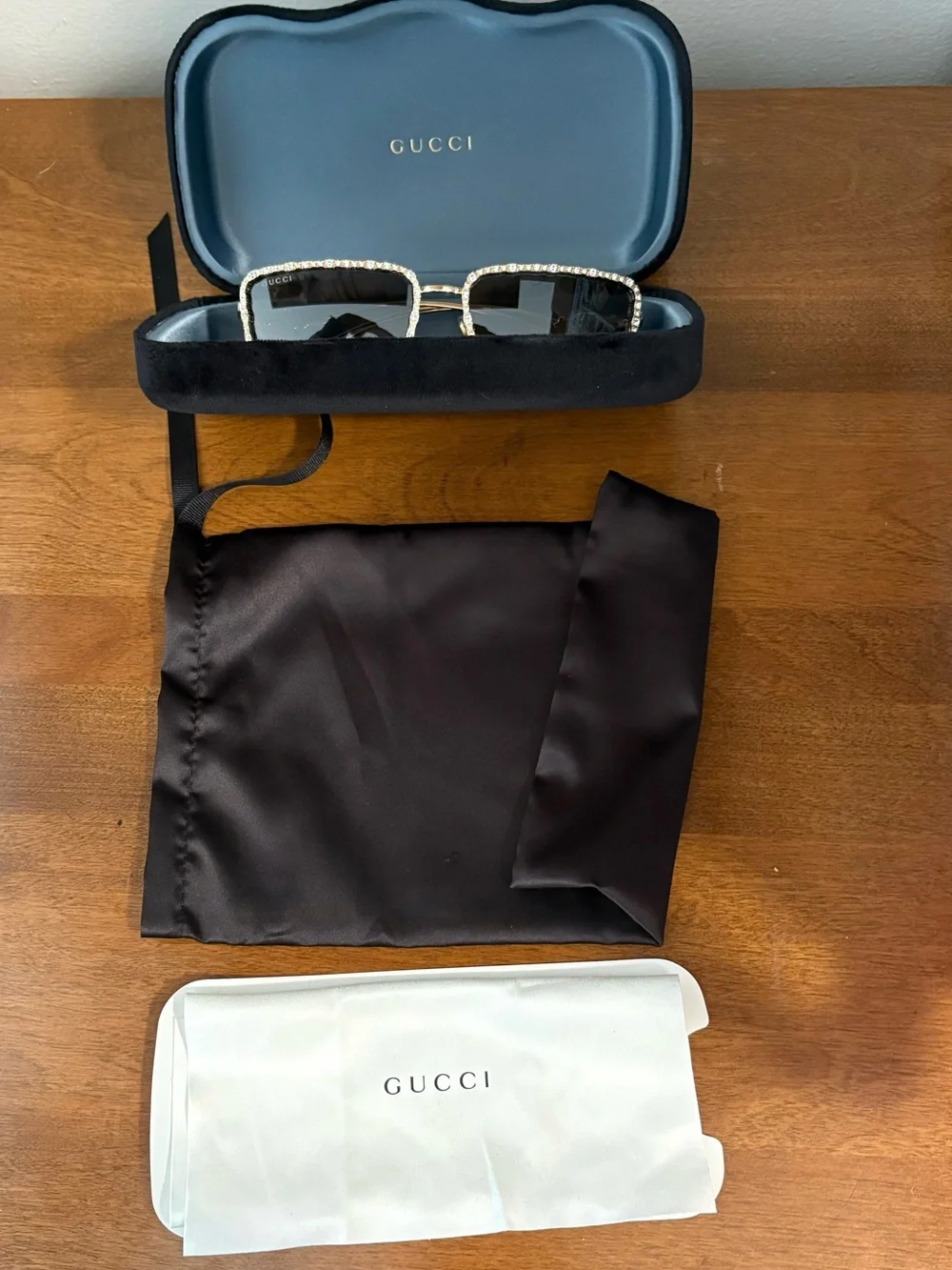 Gucci GG1568S Gold Rimless Embellished Square Sunglasses Gray Tinted UV400. 52mm